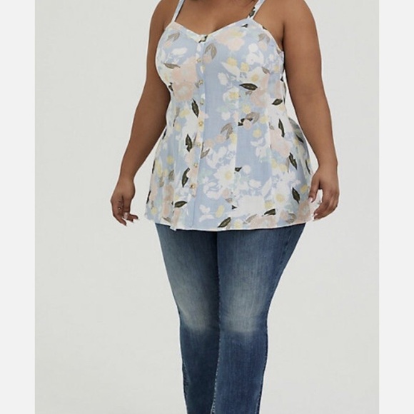 Torrid Floral Stretch Woven Fit & Flare Light Blue Cami Tank Top Size 00/10 - Picture 4 of 7